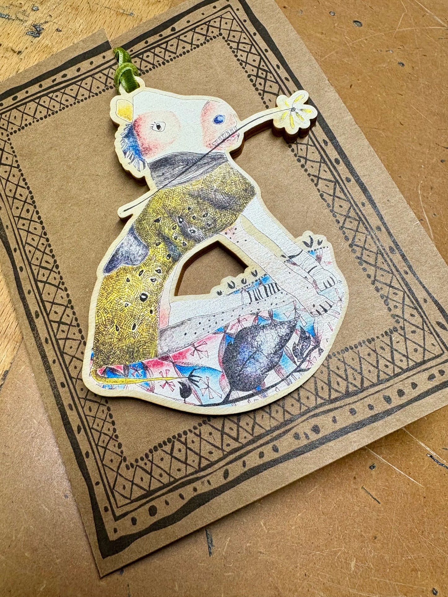 Wooden Hanging Decoration with olive green velvet ribbon - A Horse With No Name