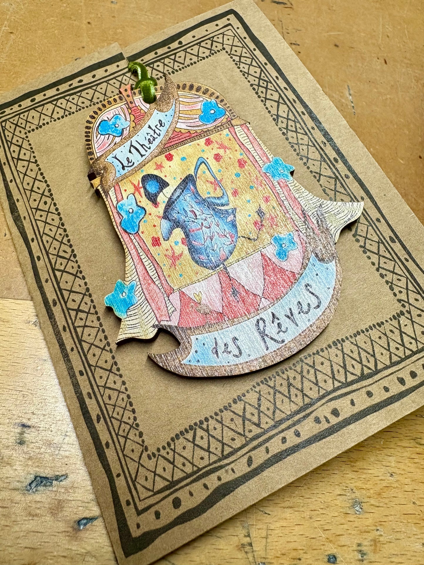 Wooden Hanging Decoration with olive green velvet ribbon - A Jug Full of Dreams