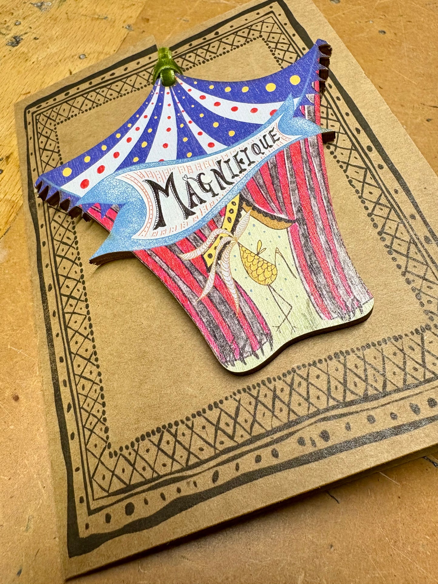 Wooden Hanging Decoration with olive green velvet ribbon - More Magnifique