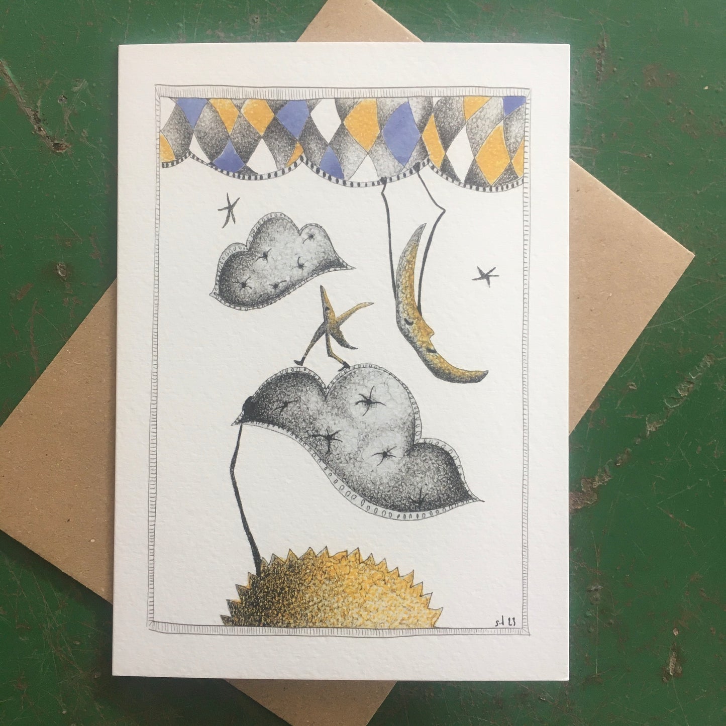 Illustrated Greetings Card (blank inside) with Kraft Brown Envelope (127mm x 177mm) - The Sun, The Moon and The Stars
