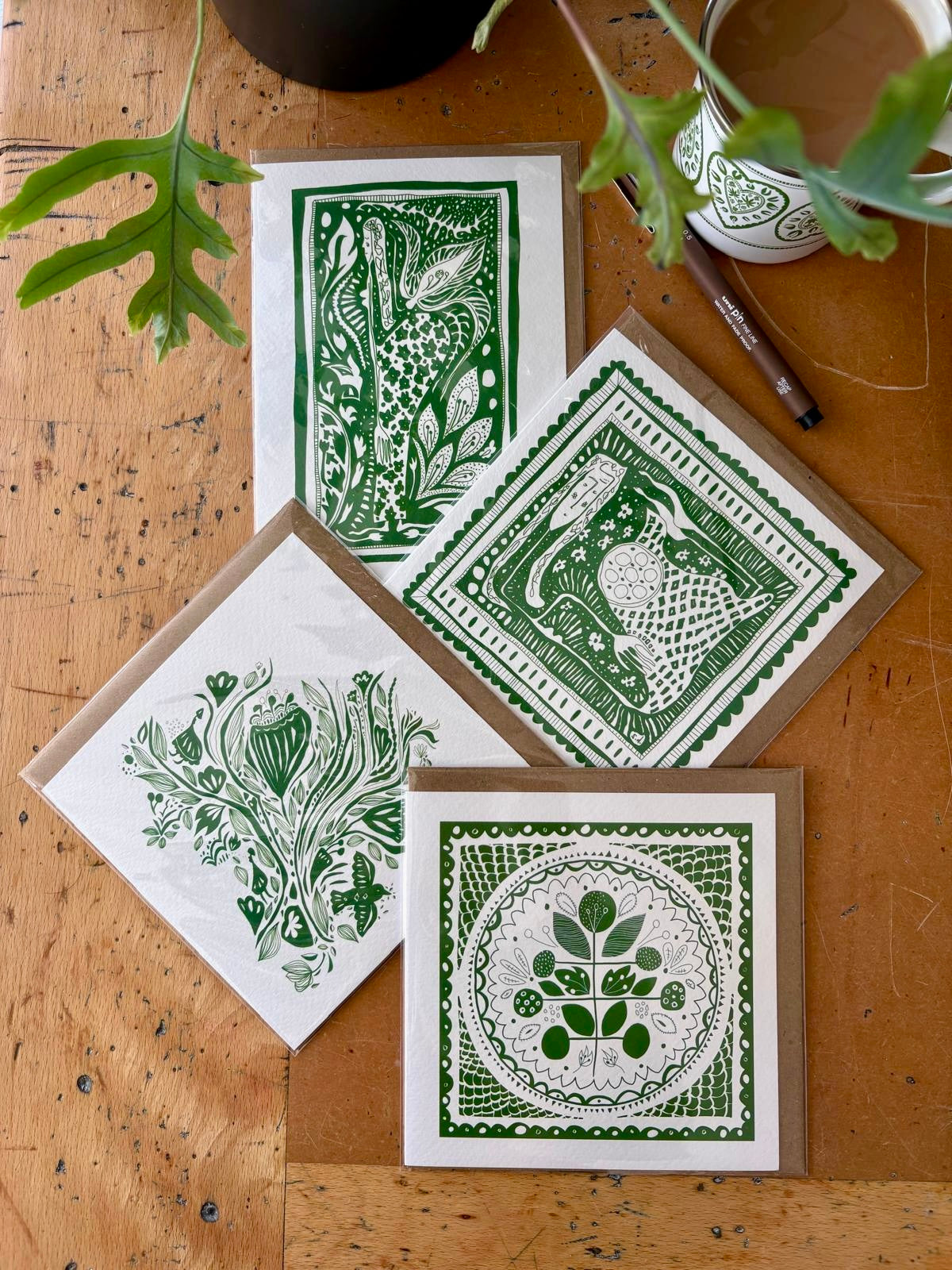 Illustrated Greetings Card (blank inside) with Kraft Brown Envelope (127mm x 177mm) - Cornucopia (Green)