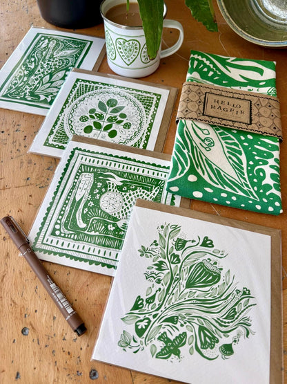 Illustrated Greetings Card (blank inside) with Kraft Brown Envelope (145mm x 145mm) - In Her Box (Green)