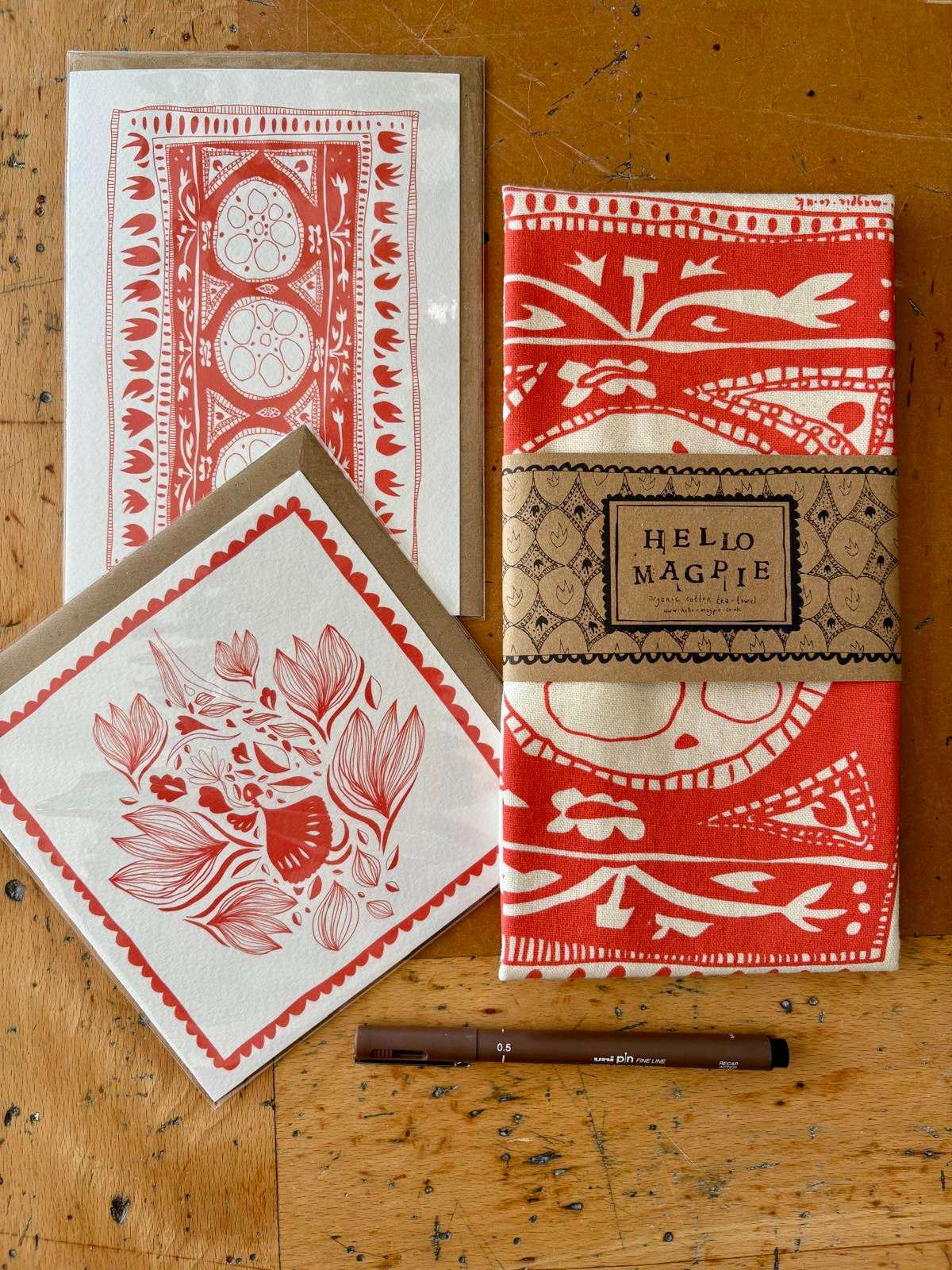 Illustrated Greetings Card (blank inside) with Kraft Brown Envelope (145mm x 145mm) - The Nature Lover (orange)