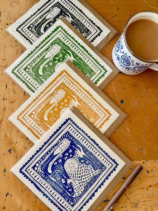 Illustrated Greetings Card (blank inside) with Kraft Brown Envelope (145mm x 145mm) - In Her Box (blue)