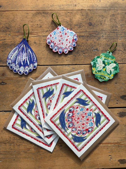 Pack of 5 - Illustrated Greetings Card (blank inside) with Kraft Brown Envelope (145mm x 145mm) - Red Baubles