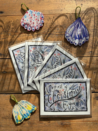 Pack of 5 - Illustrated Greetings Card (blank inside) with Kraft Brown Envelope (127mm x 177mm) - The Merriest of Christmases (Copy)