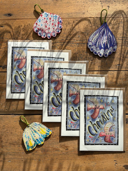 Pack of 5 - Illustrated Greetings Card (blank inside) with Kraft Brown Envelope (127mm x 177mm) - Two Turtle Doves